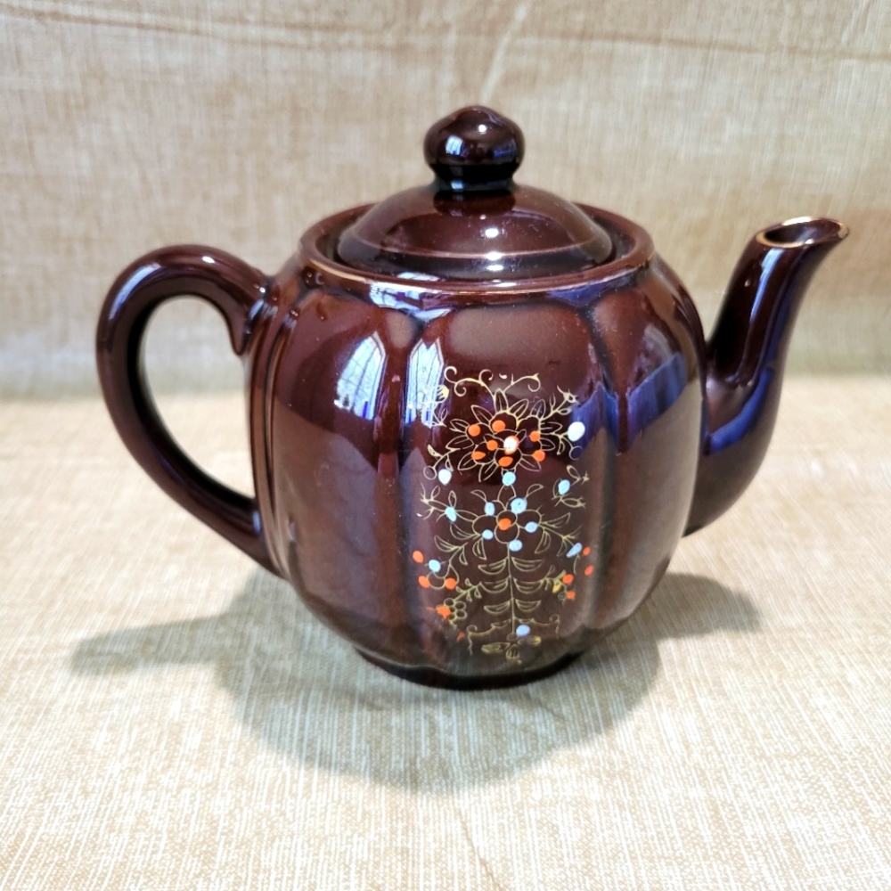 Vtg Hand Painted Ceramic Teapot Floral Pattern Japan